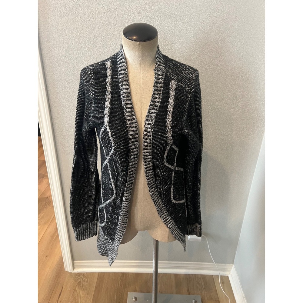 Kadence Womens Small Open Front Knit Cardigan Black Gray Cable Trim Sweater